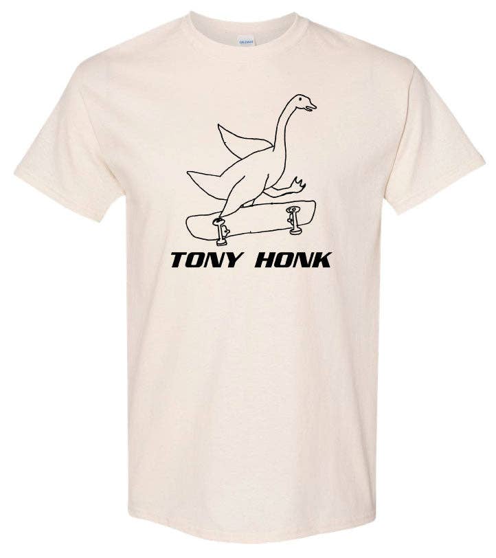 A light cream-colored short-sleeve t-shirt with a black graphic of a goose riding a skateboard and the text 'TONY HONK' printed below it.