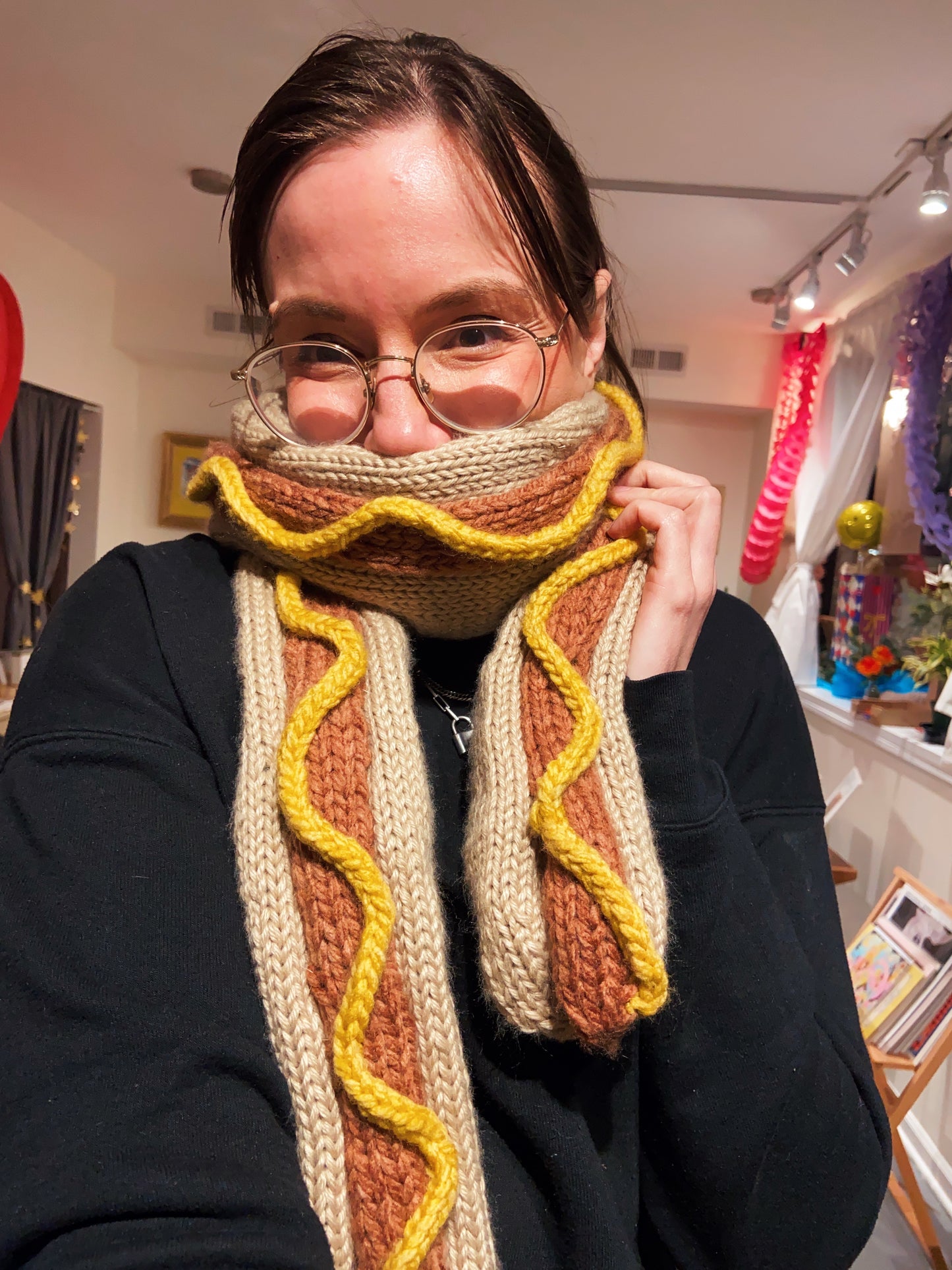 handmade knitted hotdog scarf