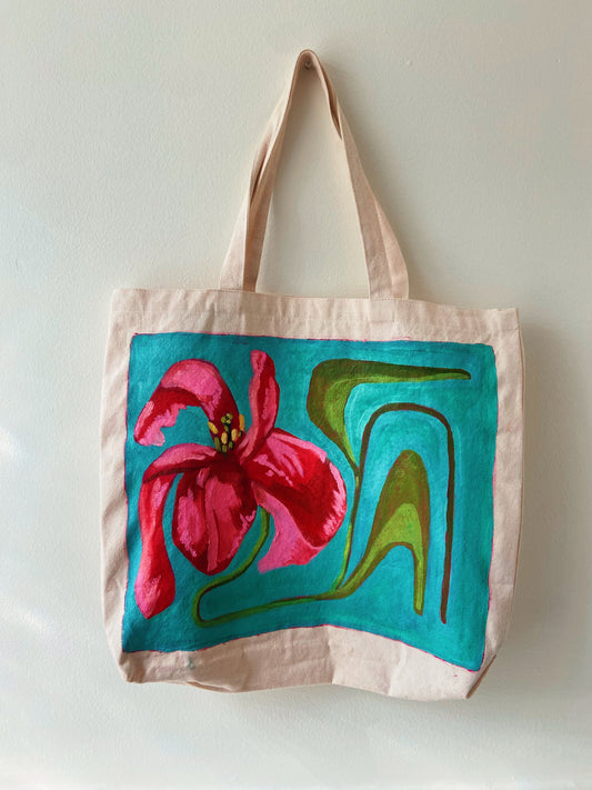 Hand Painted Pink Flower Tote Bag