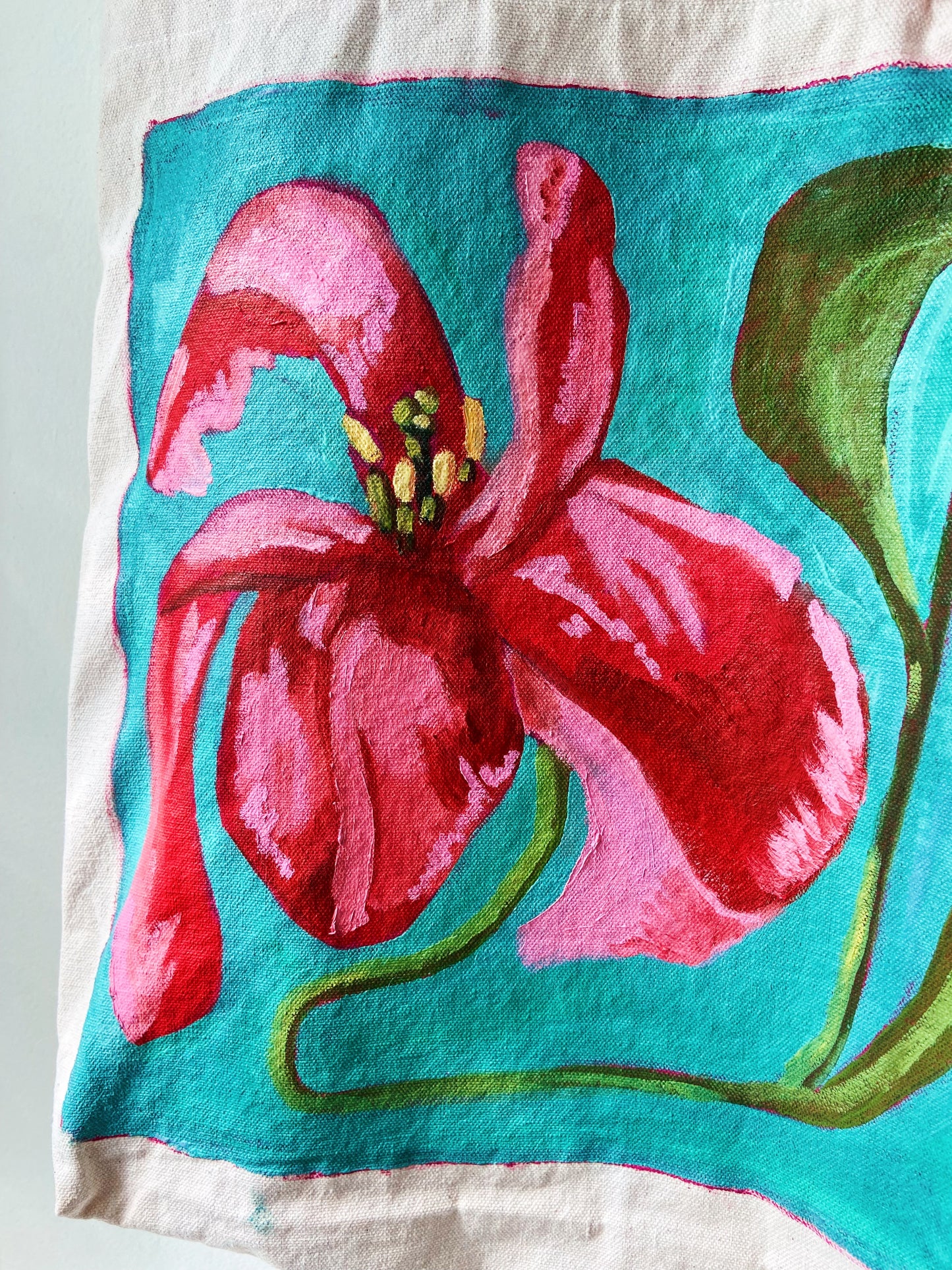 Hand Painted Pink Flower Tote Bag