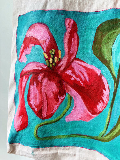 Hand Painted Pink Flower Tote Bag