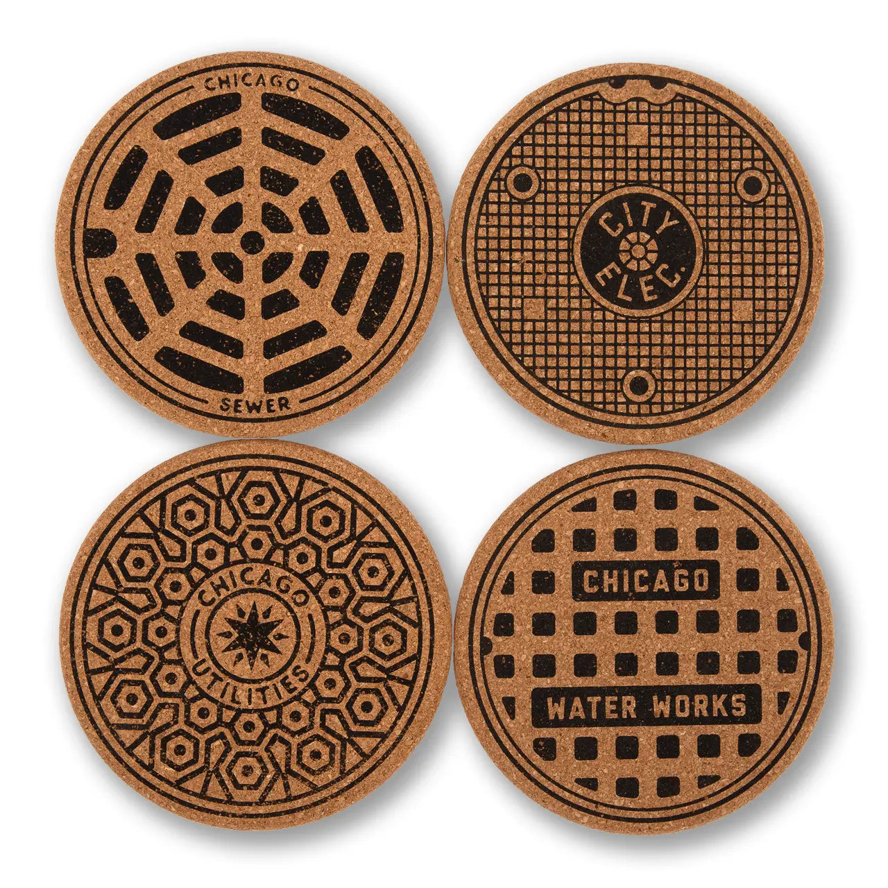 Four round cork coasters featuring Chicago manhole cover designs, arranged in a 2x2 grid on a white background.